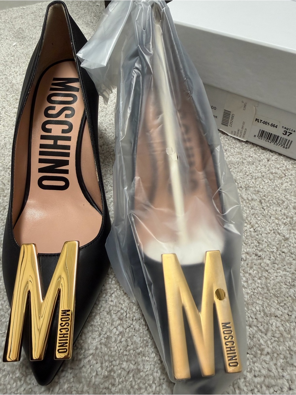Moschino Black Pointed Toe Pumps with Gold M Emblem